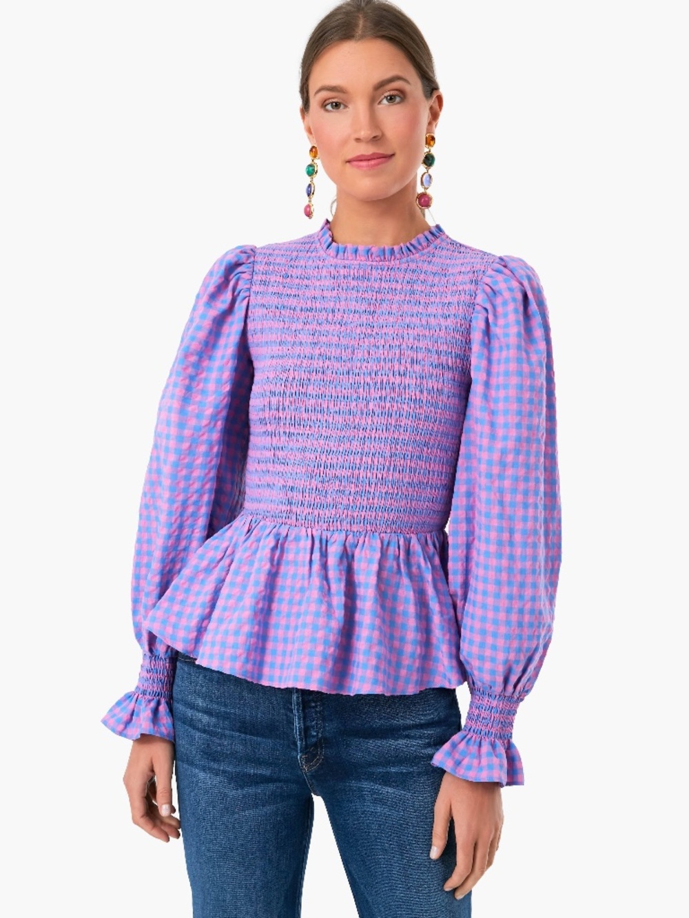 NWT HYACINTH HOUSE RUBY BLOUSE - GINGHAM SMOCKED PEPLUM TOP XS!